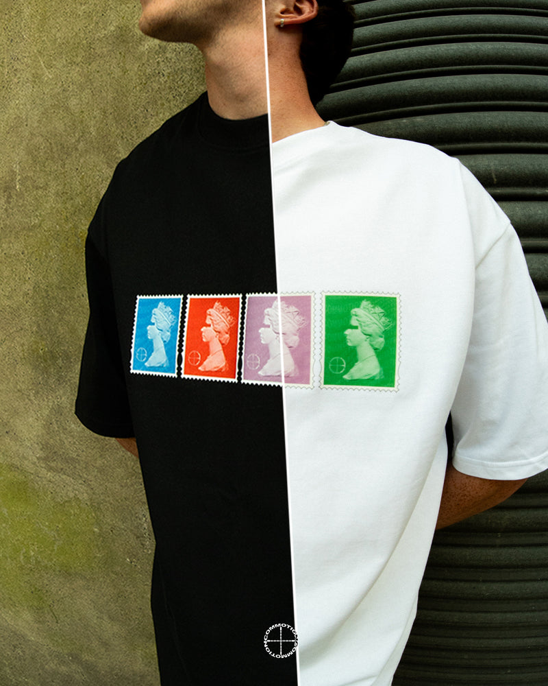 STAMP TEE (WHITE / MULTI) WORN BY OSKAR